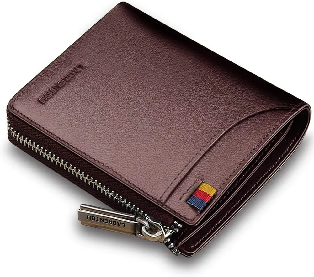 LAORENTOU Genuine Leather Wallets for Men, RFID Blocking, Multi Card Holder Slim Mens Wallet with Zipper Coin Purse, Bifold Wallet for Man, Boys, Teens