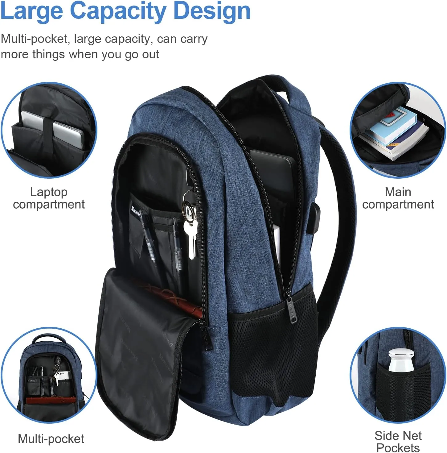 Laptop Backpack for Men, Anti Theft Backpack with USB Charging Port, 15.6 Inch Backpack for School Travel Work Business (Blue)