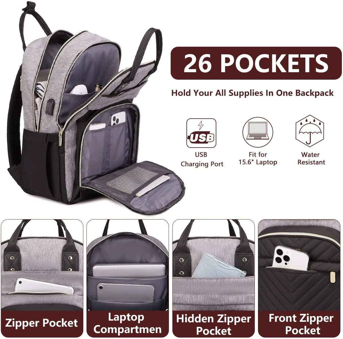 Laptop Backpack for Women/Men, Fits 15.6 Inch Laptop Bag, Fashion Travel Work Anti-theft Bag, Business Computer Waterproof Backpack Purse, Grey Black