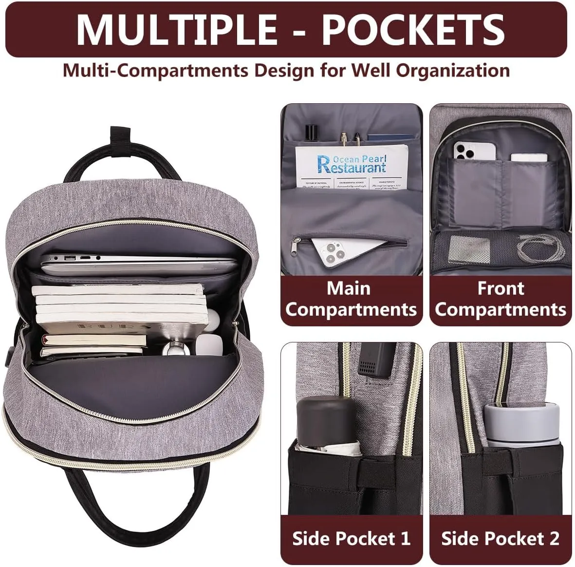 Laptop Backpack for Women/Men, Fits 15.6 Inch Laptop Bag, Fashion Travel Work Anti-theft Bag, Business Computer Waterproof Backpack Purse, Grey Black