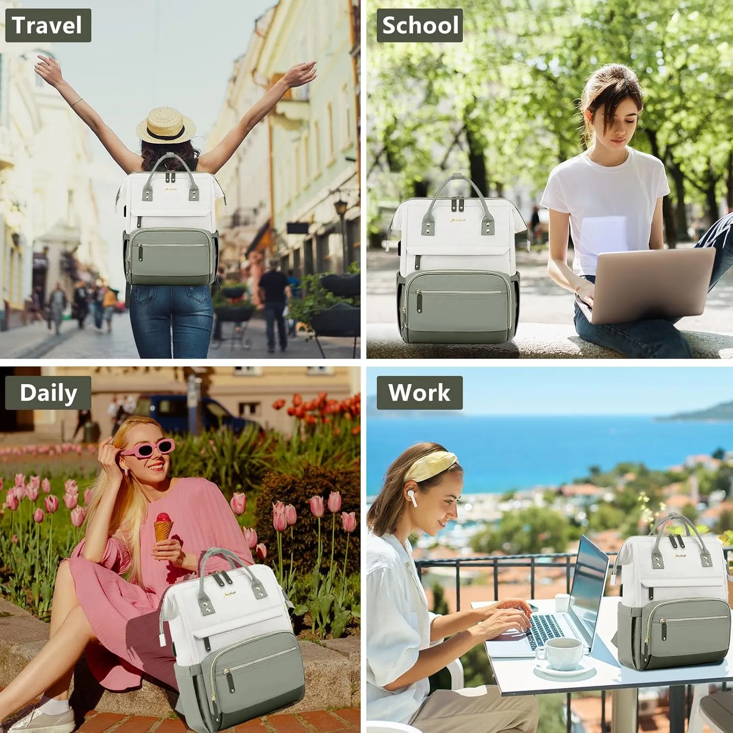Laptop Backpack Women Work Bag: 15.6 inch Work Bookbag with USB Charging Port Large Travel Backpack Purse for College Nurse Casual Daypack for Teacher Professional Computer Backpack Beige Light Green