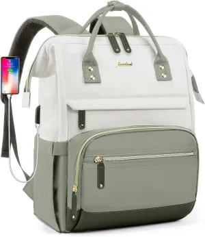 Laptop Backpack Women Work Bag: 15.6 inch Work Bookbag with USB Charging Port Large Travel Backpack Purse for College Nurse Casual Daypack for Teacher Professional Computer Backpack Beige Light Green