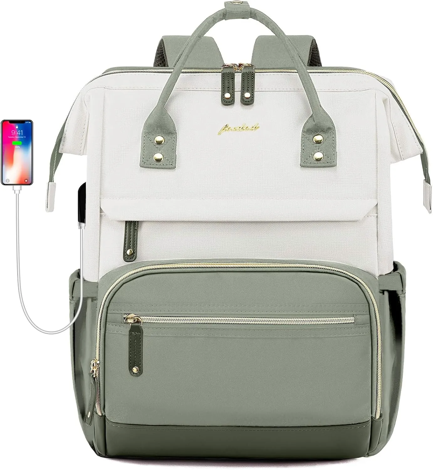 Laptop Backpack Women Work Bag: 15.6 inch Work Bookbag with USB Charging Port Large Travel Backpack Purse for College Nurse Casual Daypack for Teacher Professional Computer Backpack Beige Light Green