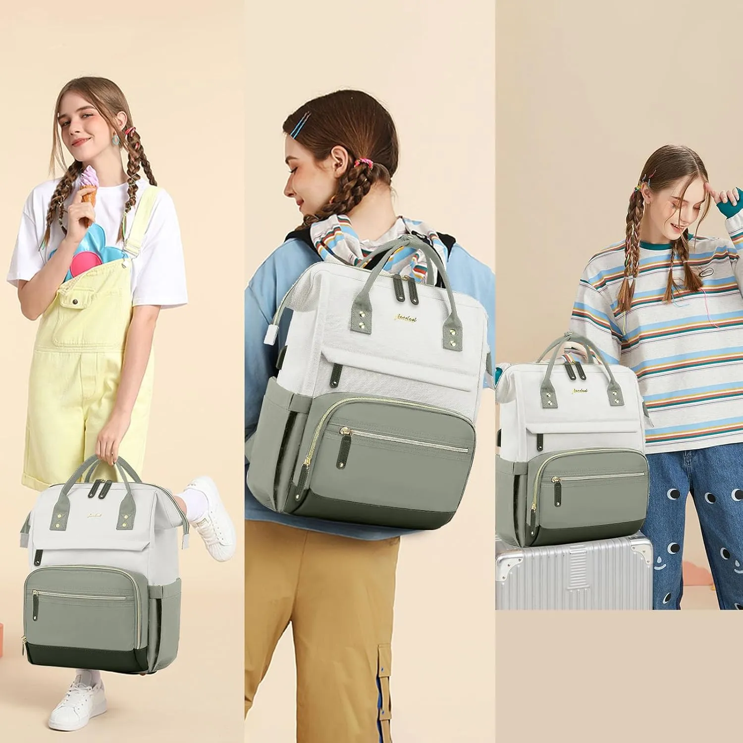 Laptop Backpack Women Work Bag: 15.6 inch Work Bookbag with USB Charging Port Large Travel Backpack Purse for College Nurse Casual Daypack for Teacher Professional Computer Backpack Beige Light Green
