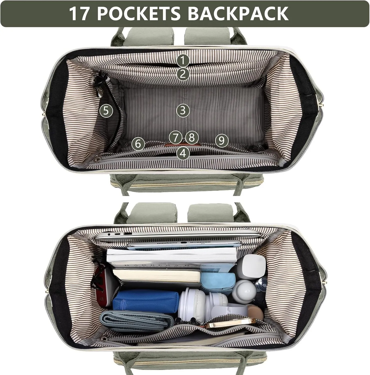 Laptop Backpack Women Work Bag: 15.6 inch Work Bookbag with USB Charging Port Large Travel Backpack Purse for College Nurse Casual Daypack for Teacher Professional Computer Backpack Beige Light Green