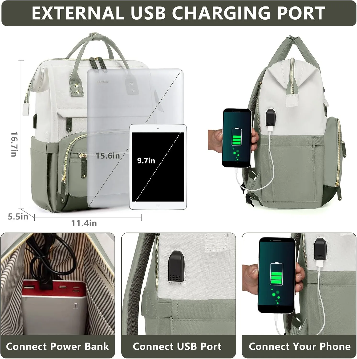 Laptop Backpack Women Work Bag: 15.6 inch Work Bookbag with USB Charging Port Large Travel Backpack Purse for College Nurse Casual Daypack for Teacher Professional Computer Backpack Beige Light Green