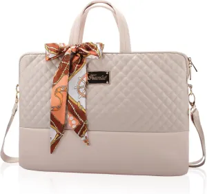 Laptop Bag for Women 15.6-Inch Carrying - Computer Bag Laptop Case Shoulder Slim Work Travel PU Leather (Khaki)