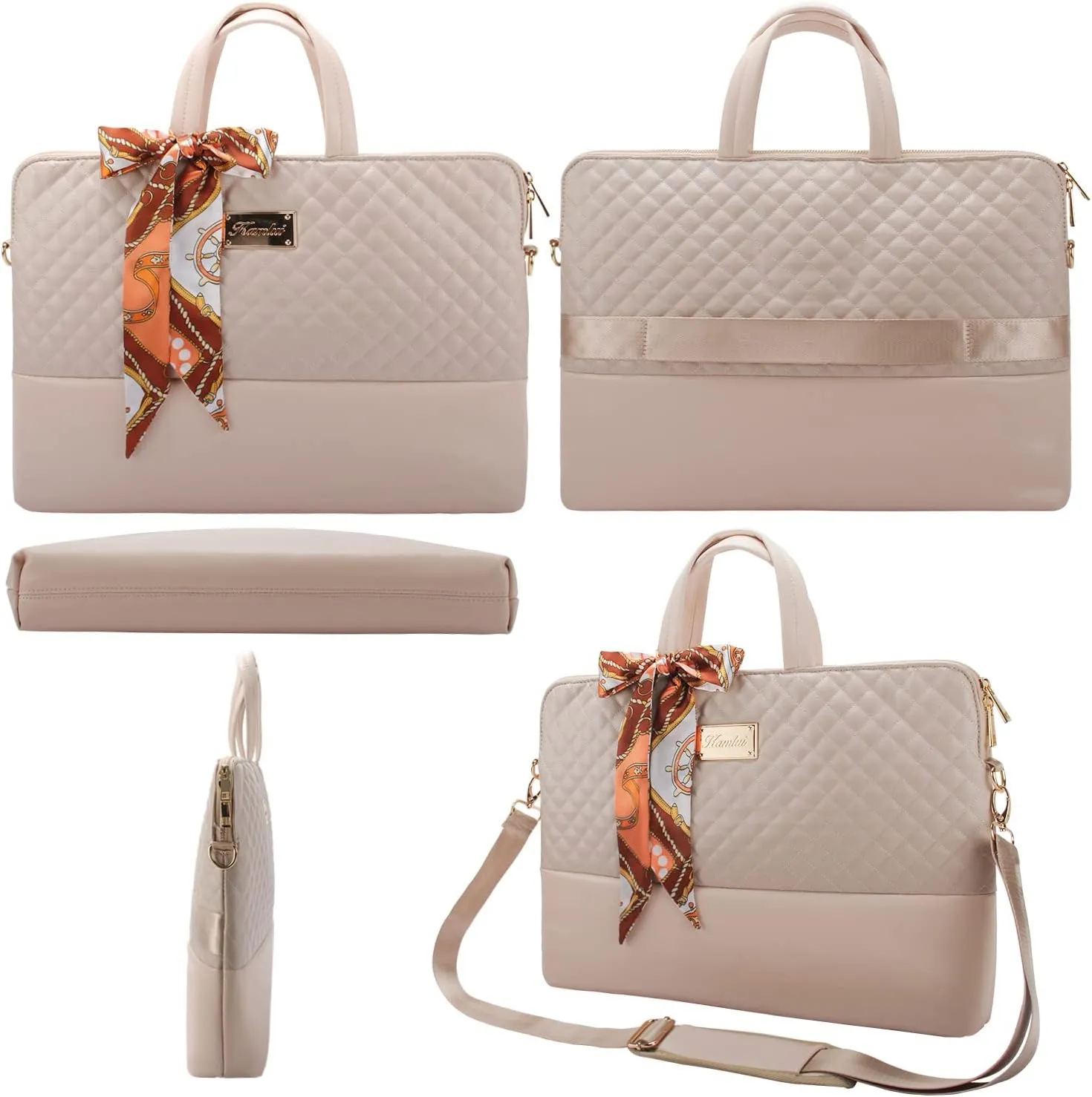 Laptop Bag for Women 15.6-Inch Carrying - Computer Bag Laptop Case Shoulder Slim Work Travel PU Leather (Khaki)