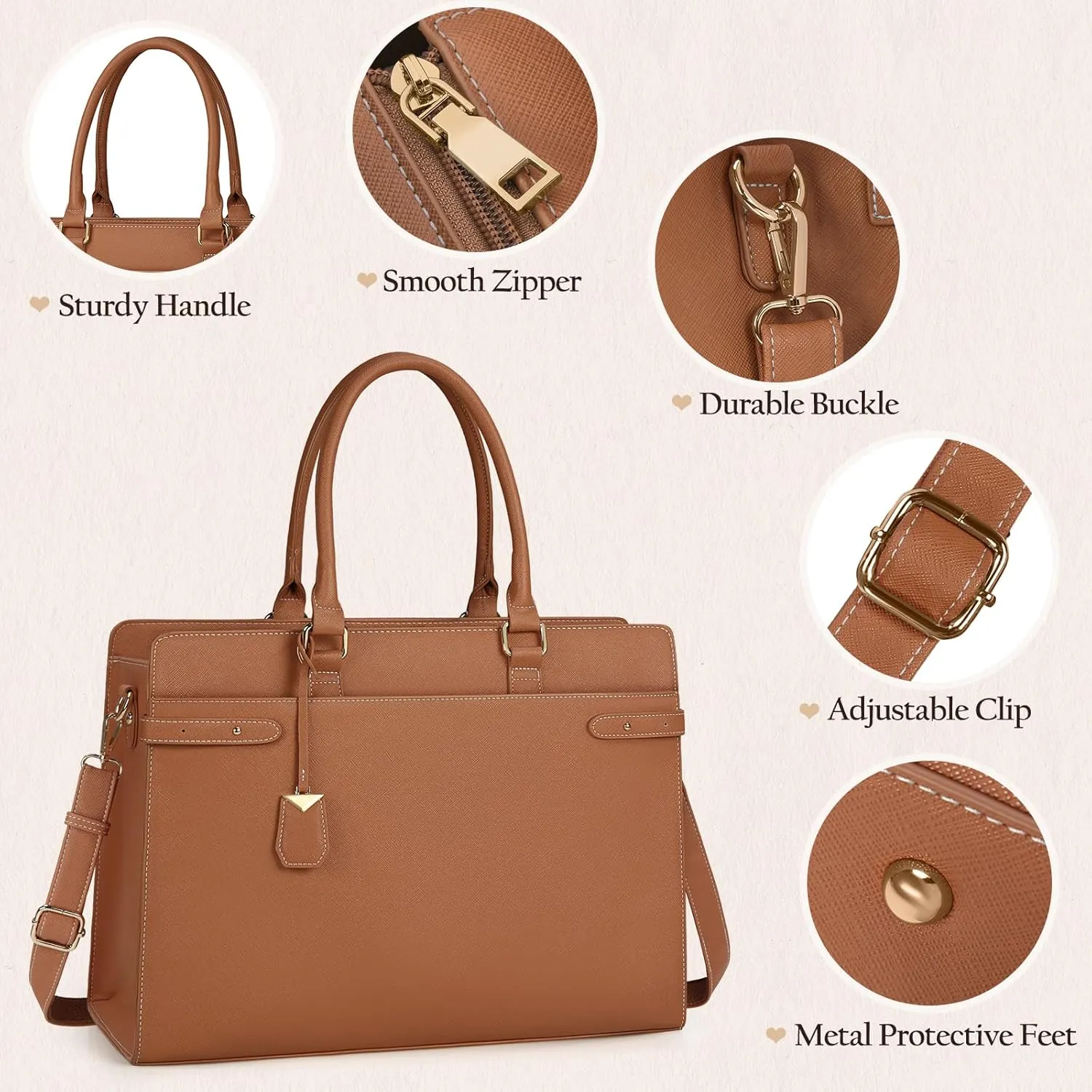 Laptop Bag for Women 15.6 Inch Leather Tote Bag Professional Work Bag Waterproof Computer Briefcase Business Office Bag Large Capacity Handbag Shoulder Bag, Brown