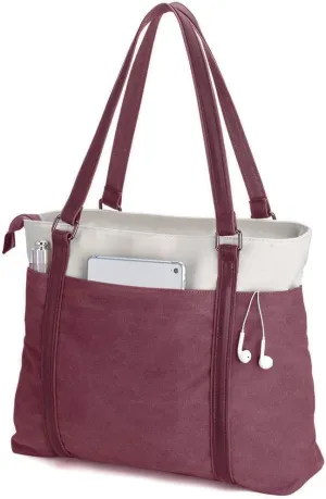 Laptop Tote Bag for Women Lightweight Splice Canvas Bag 15.6 Inch Laptop for Computer Bag Large Capacity Handbag Purse Burgundy