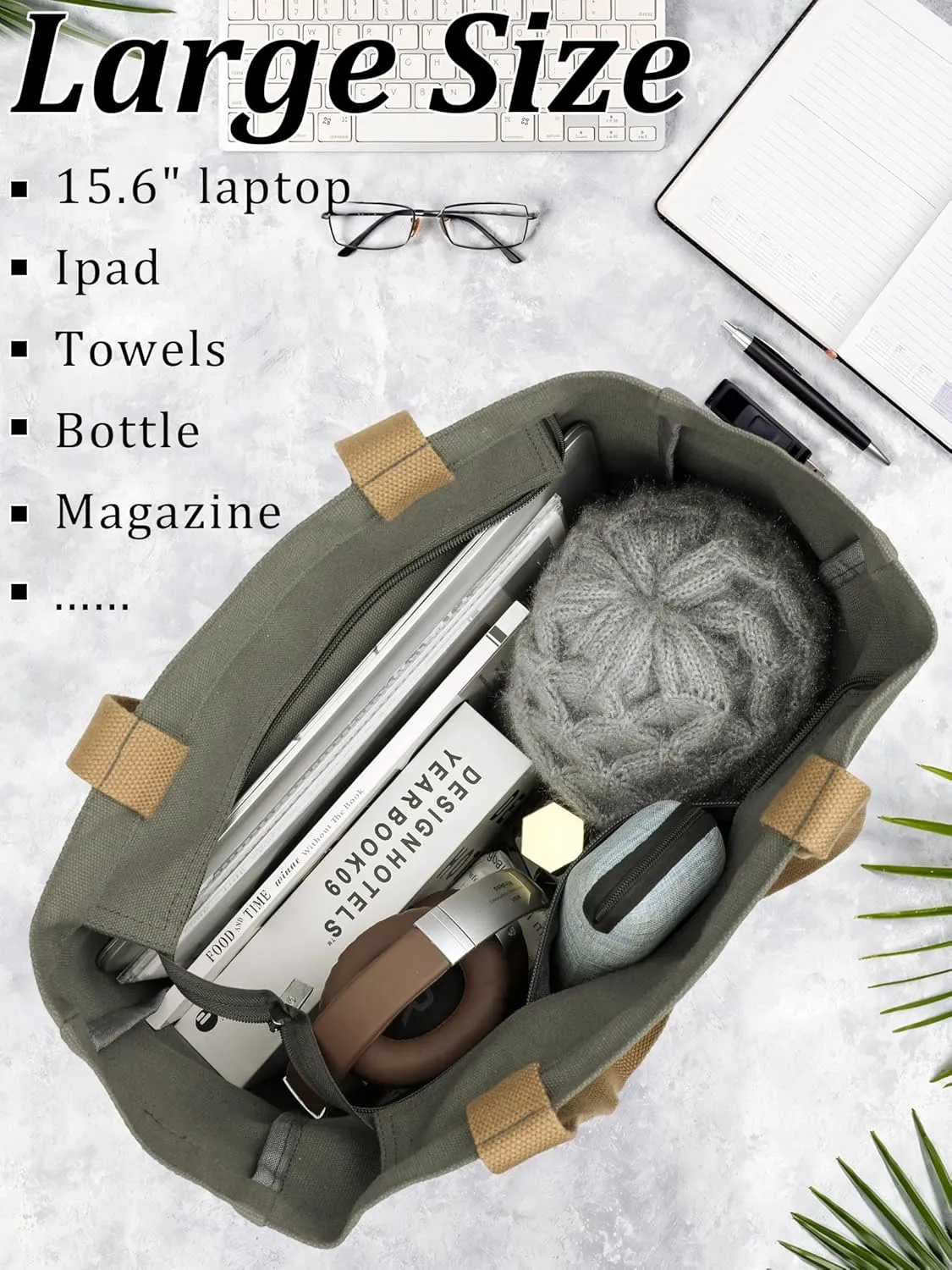 Large Canvas Tote Bag for Women - Durable Tote bags with interior Pocket and Zipper perfect for Travel and Daily Use
