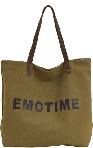 Large Canvas Tote Bag Vintage Durable Spacious Letter Print Everyday Shoulder Bag with Leather Handle for Women Girls