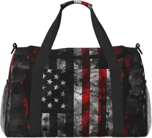 Large Duffle Bag American US Flags Lightweight Travel Duffle Bag Black and Red Foldable Overnight Bag for Men Women, Weekender Bag Flag Patriot Star Stripe Carry On Bag with Shoulder Strap