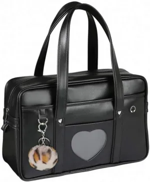 Large Japanese Shoulder Bag,Faux Leather Tote Bag Kawaii with Pink Leopard Pompom (A3 Big Size, Black Heart Window)