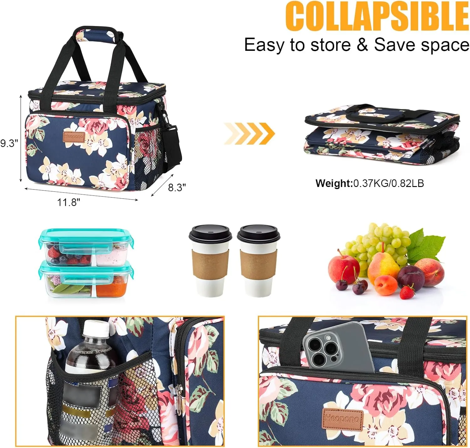 Large Lunch Bag for Women and Men, 15L Insulated Cooler Tote with Removable Strap, Leakproof & Water-Resistant, Reusable Lunch Box for Work, Picnic, and Travel
