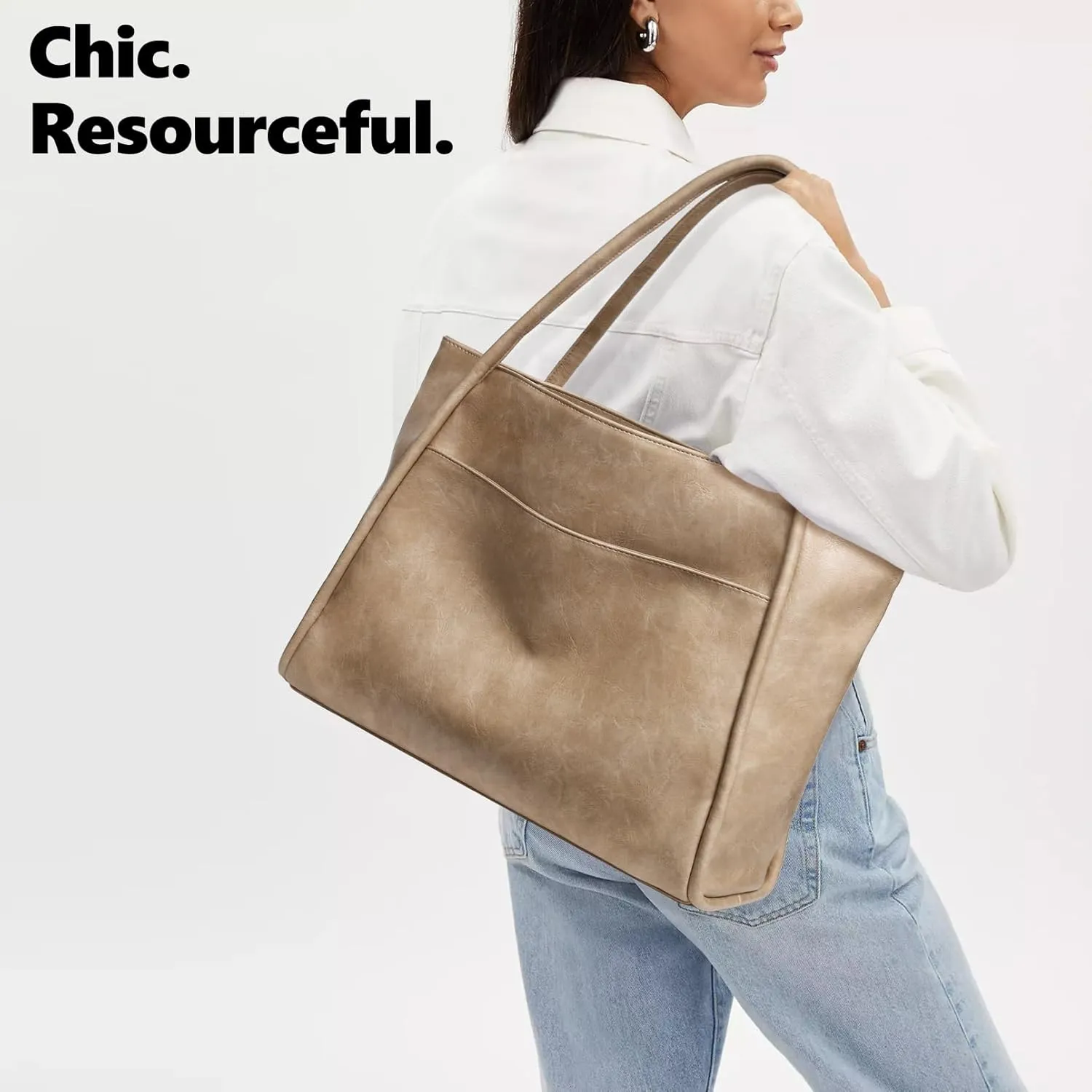 Large Tote Bag for Women Work with Zipper 16L Vegan Leather Ladies Travel Purses and Handbags