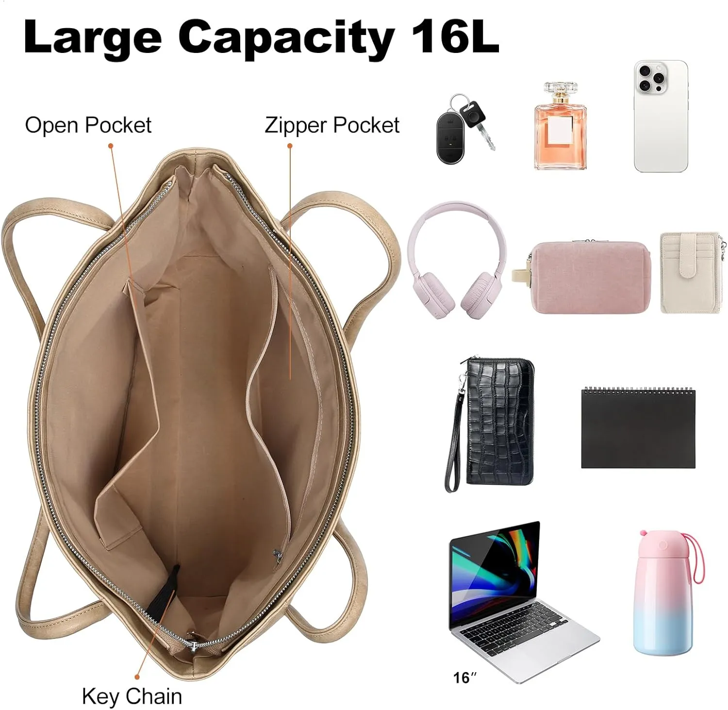 Large Tote Bag for Women Work with Zipper 16L Vegan Leather Ladies Travel Purses and Handbags