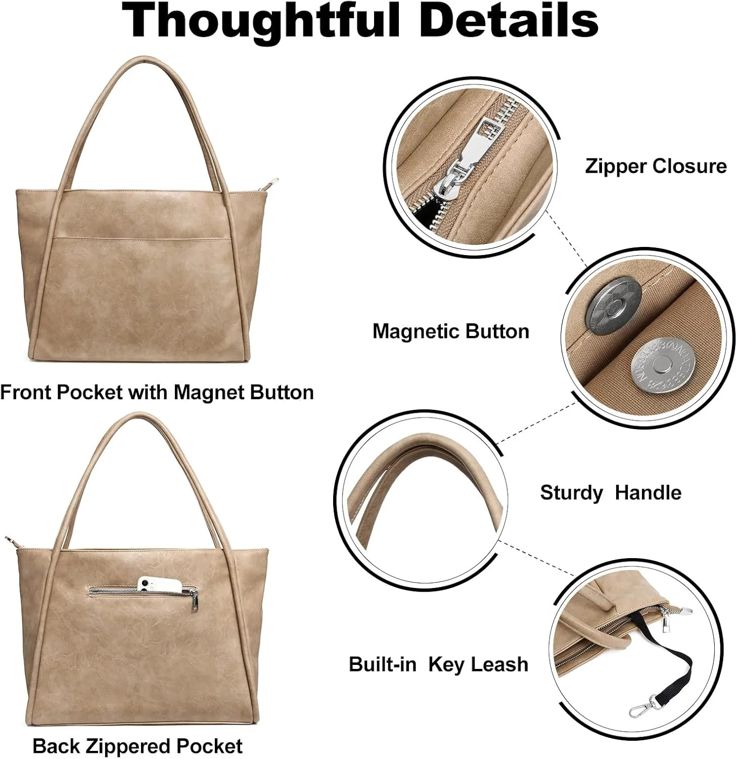 Large Tote Bag for Women Work with Zipper 16L Vegan Leather Ladies Travel Purses and Handbags
