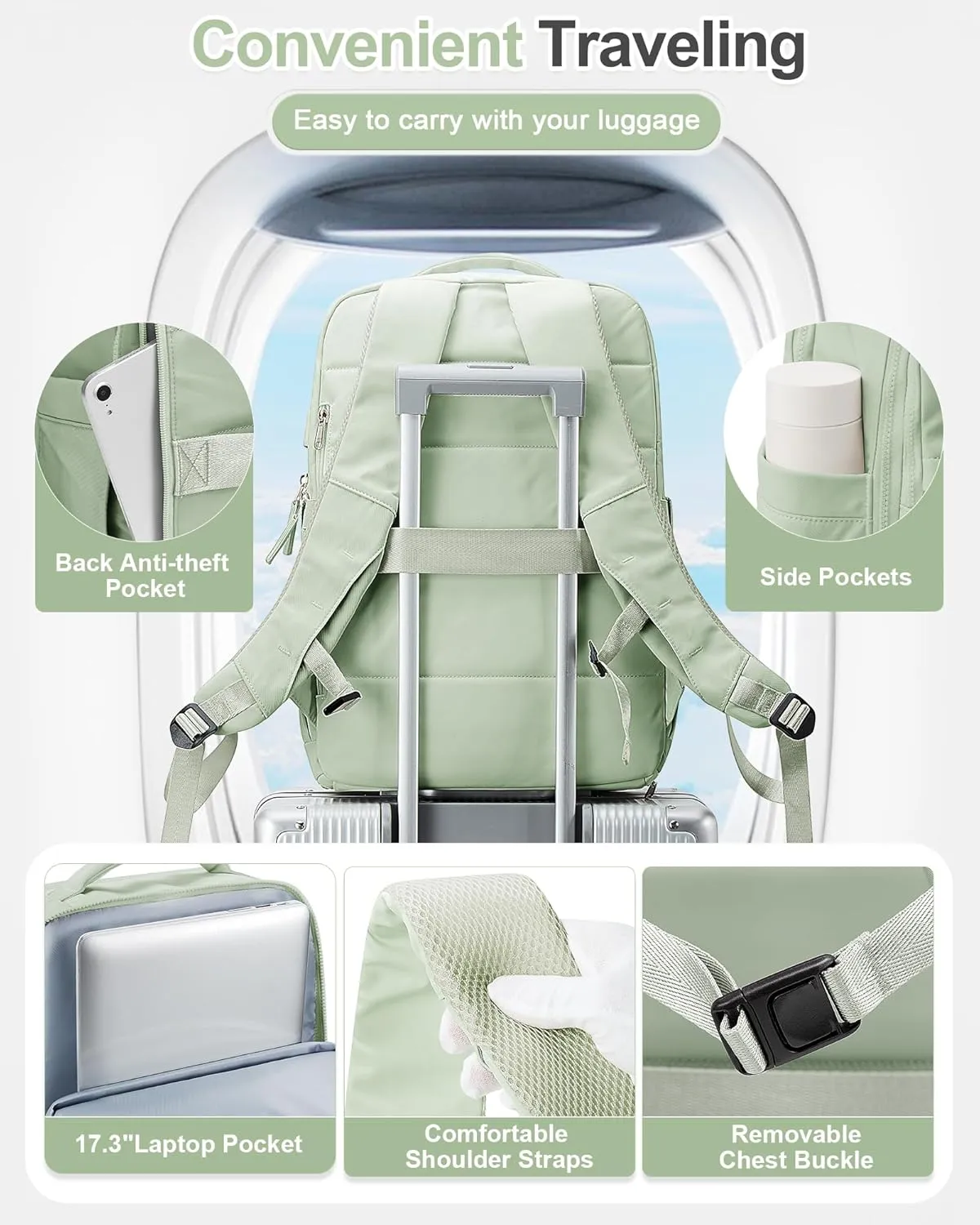 Large Travel Backpack Carry On Flight Approved for Women Men Carry On Backpack for Airplanes Mochila De Viaje Suitcase Backpack for Travel Personal Item Backpack Green