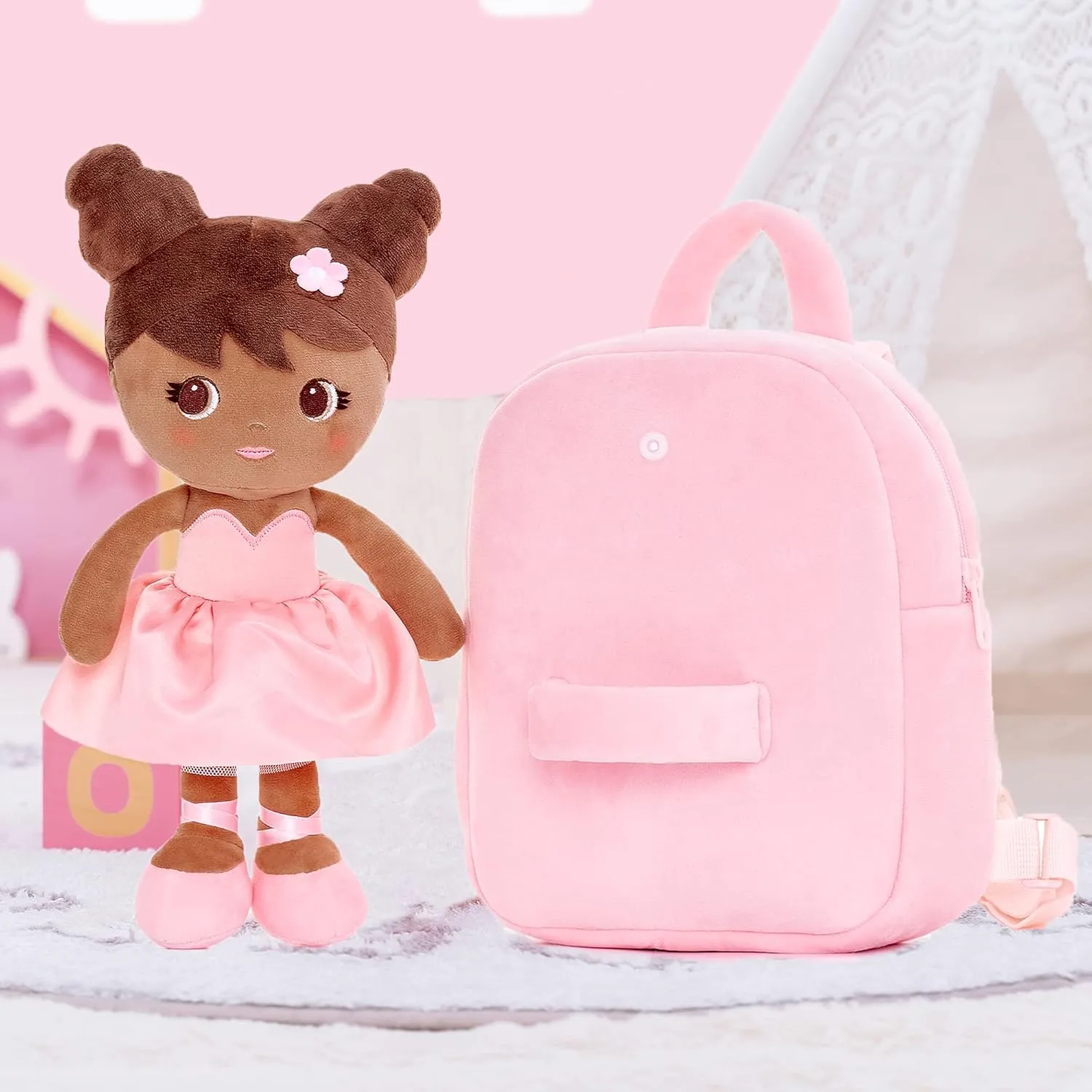 Lazada Toddler Backpack Girls Backpack with Doll Toddler Toys Plush Backpack Baby Girls Gifts Rag Dolls Brown Pink 9.5“