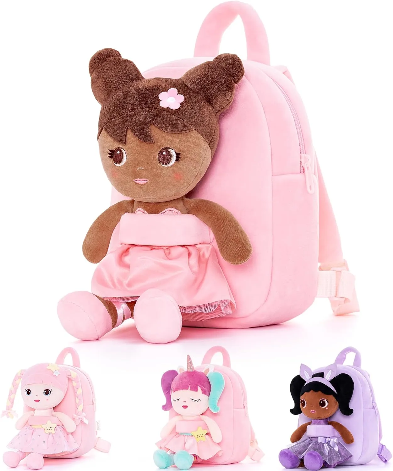 Lazada Toddler Backpack Girls Backpack with Doll Toddler Toys Plush Backpack Baby Girls Gifts Rag Dolls Brown Pink 9.5“