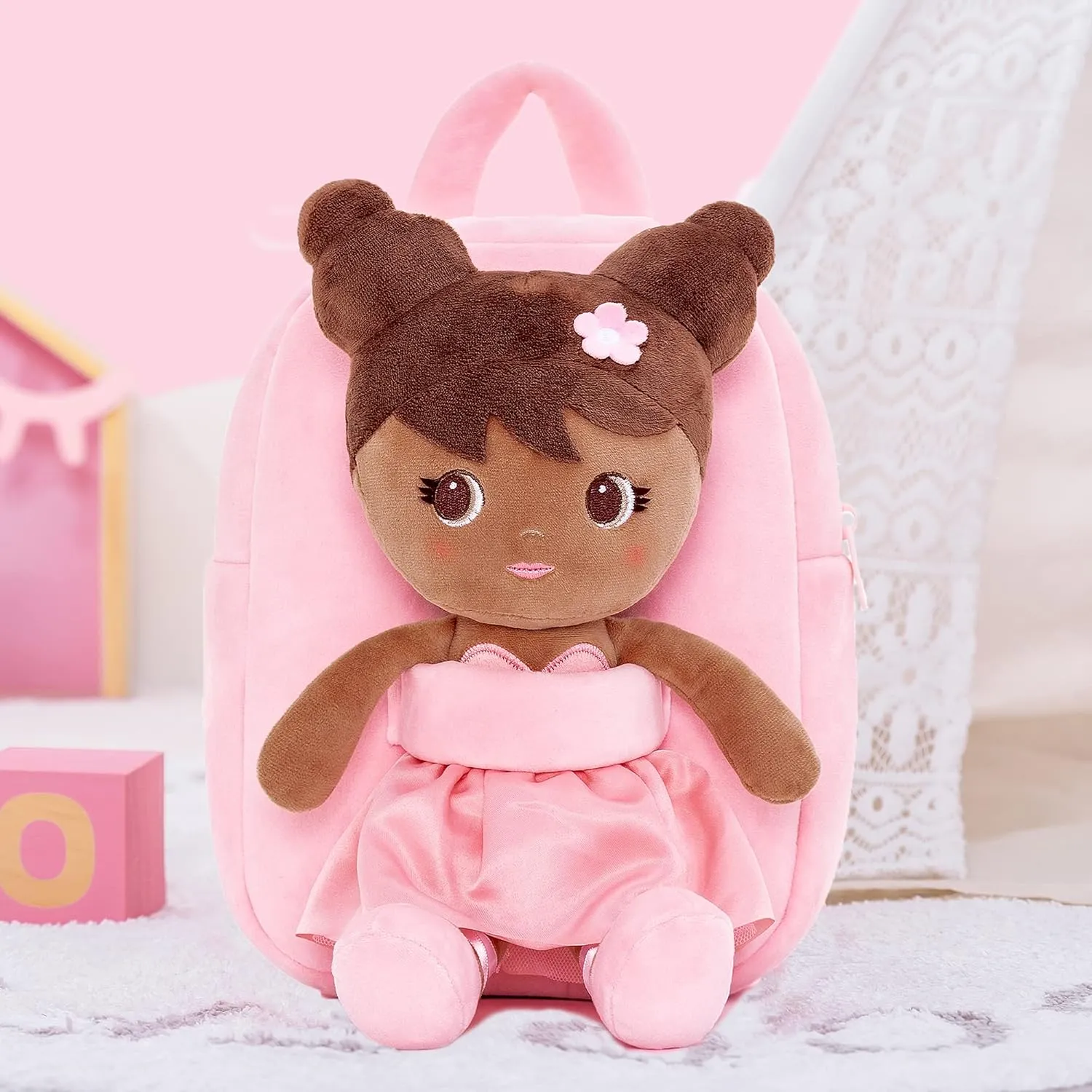 Lazada Toddler Backpack Girls Backpack with Doll Toddler Toys Plush Backpack Baby Girls Gifts Rag Dolls Brown Pink 9.5“