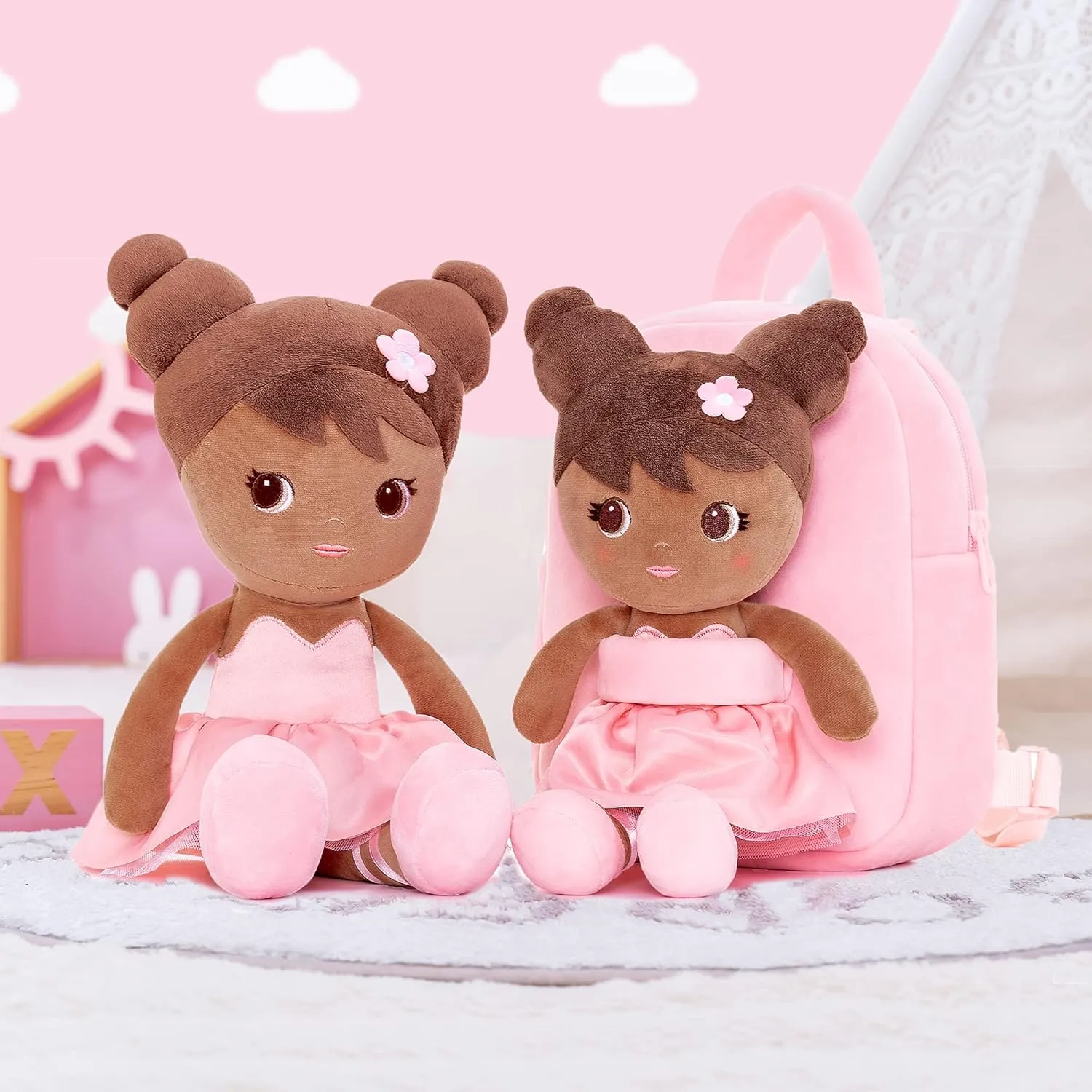Lazada Toddler Backpack Girls Backpack with Doll Toddler Toys Plush Backpack Baby Girls Gifts Rag Dolls Brown Pink 9.5“