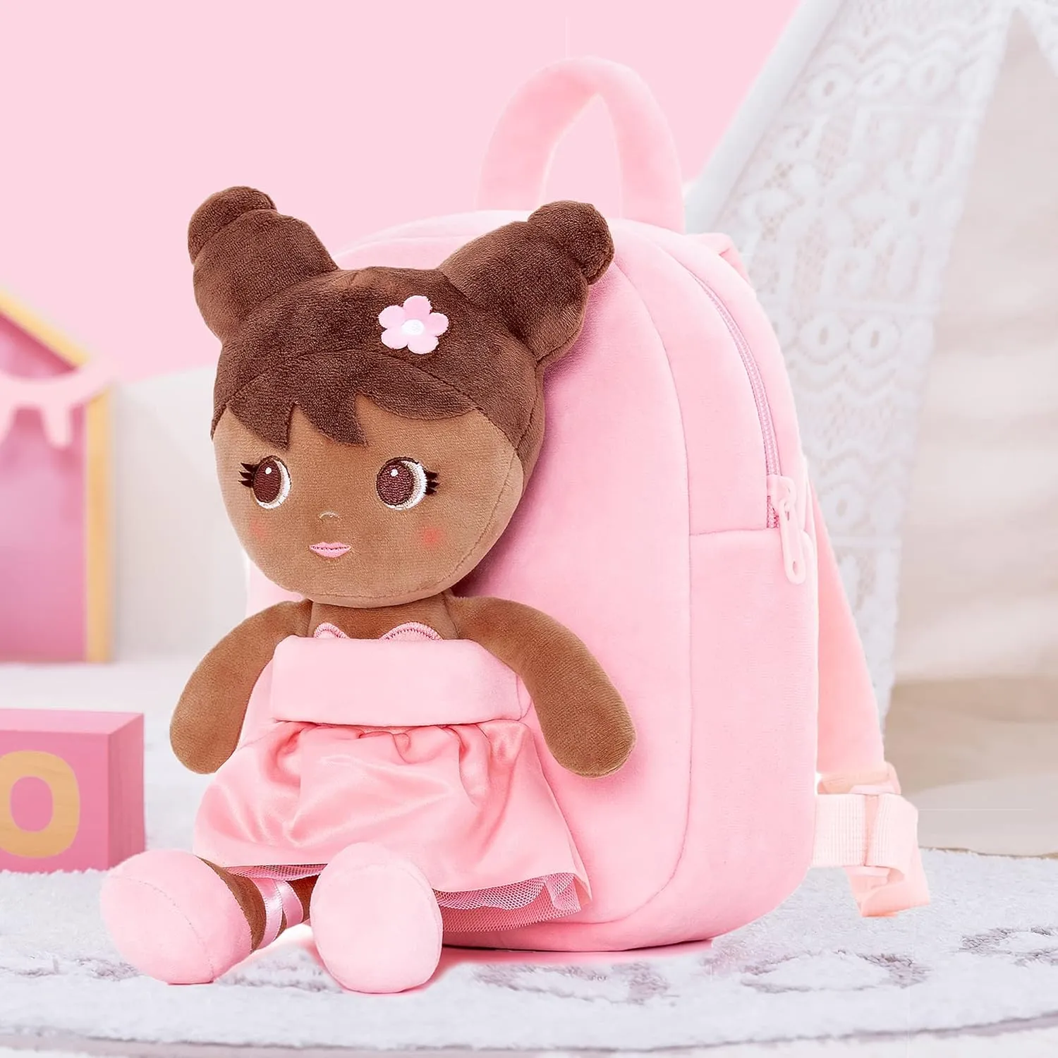 Lazada Toddler Backpack Girls Backpack with Doll Toddler Toys Plush Backpack Baby Girls Gifts Rag Dolls Brown Pink 9.5“
