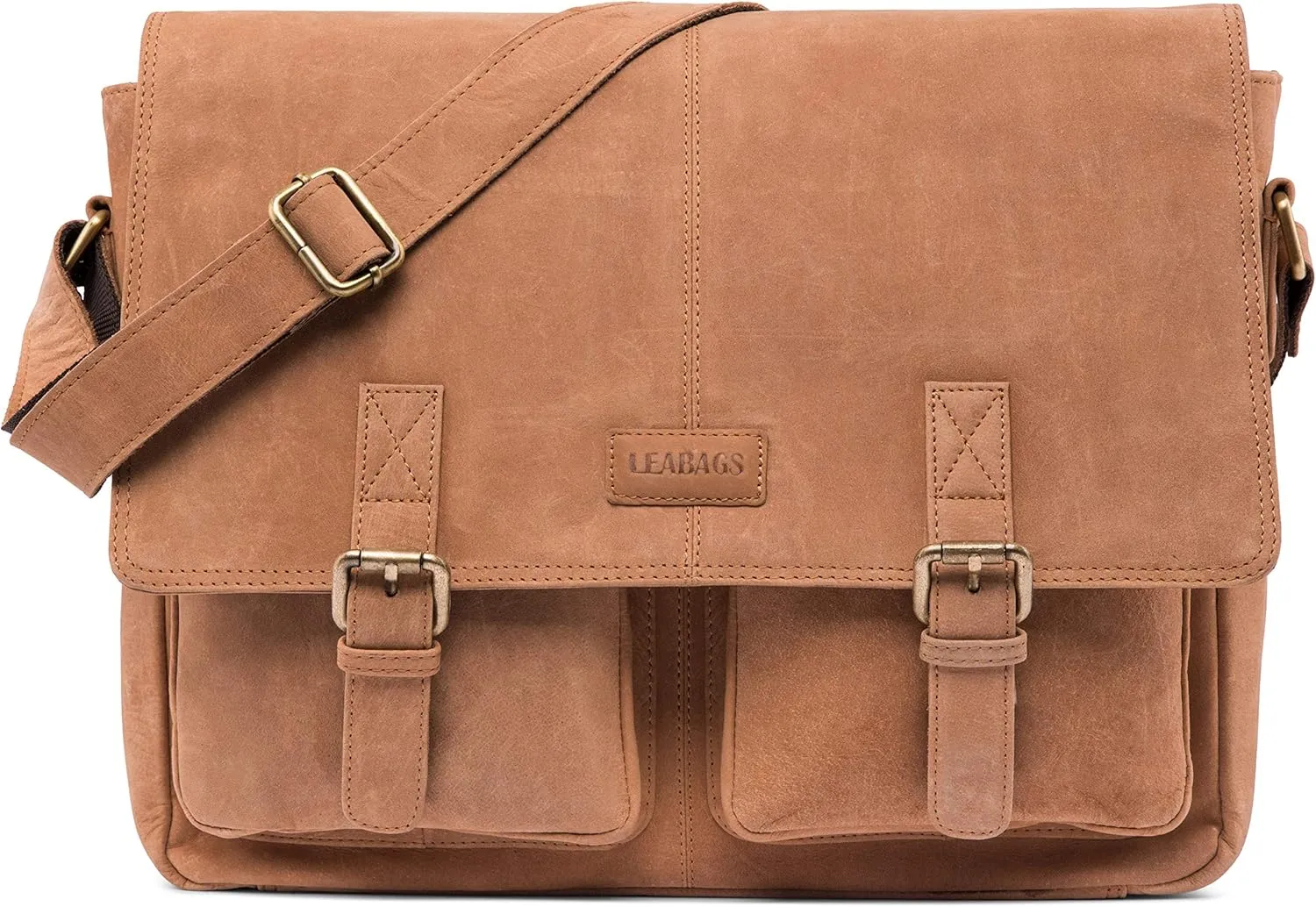 LEABAGS Leather Briefcases for Men - Genuine Leather Cambridge 15 Inch Laptop Bag - Messenger Bag Vintage Shoulder Bag