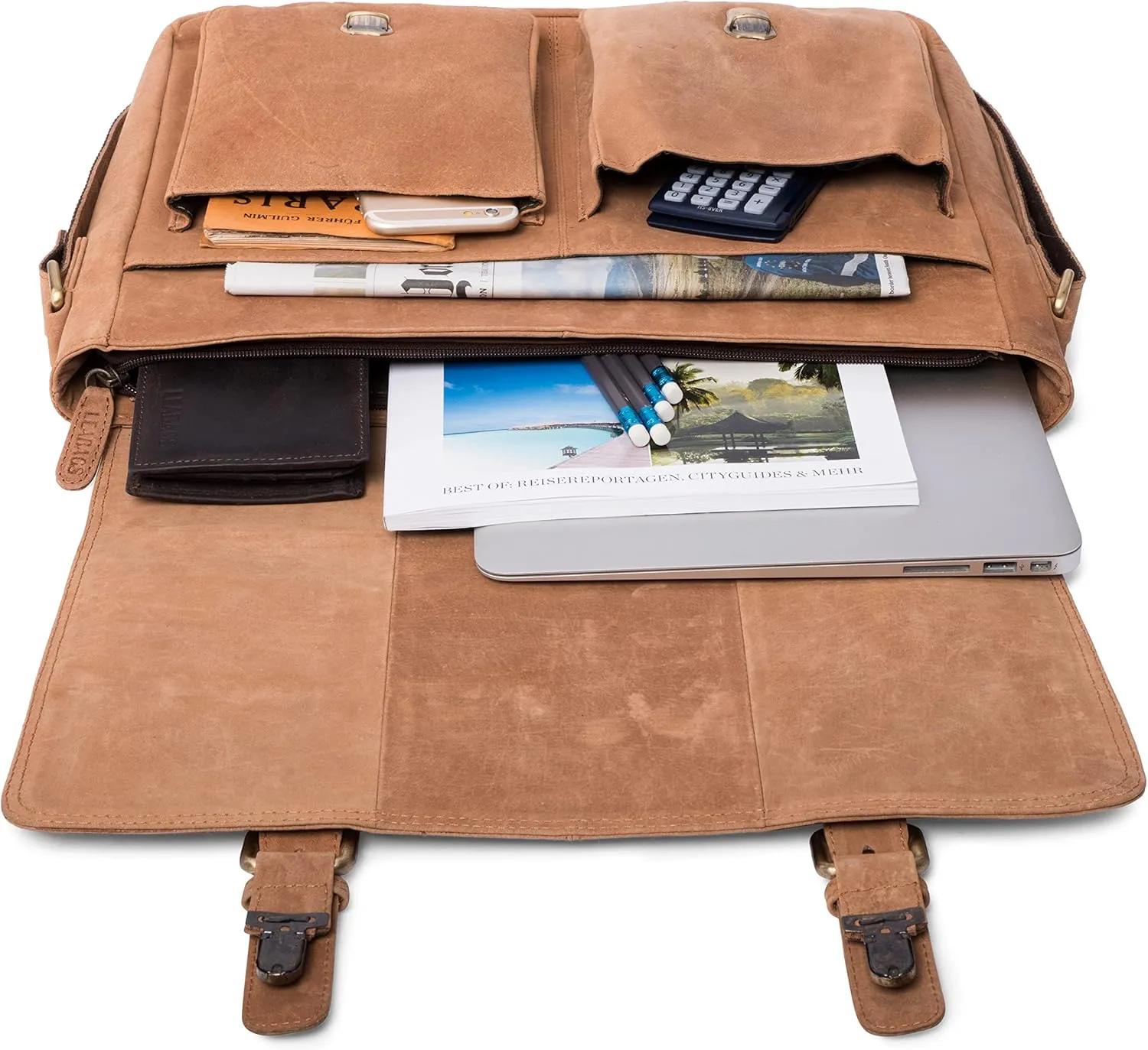 LEABAGS Leather Briefcases for Men - Genuine Leather Cambridge 15 Inch Laptop Bag - Messenger Bag Vintage Shoulder Bag