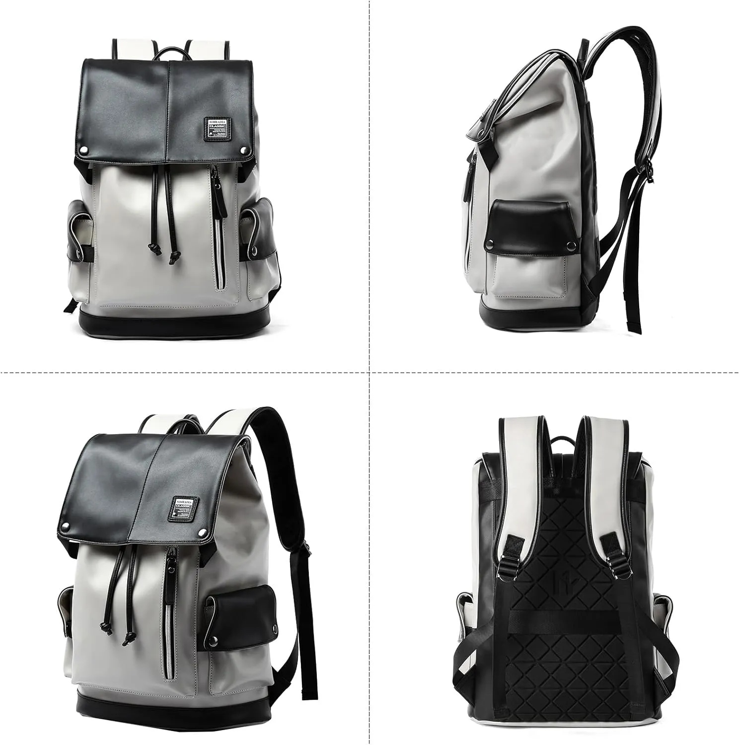 Leather Laptop Backpack for Men Vintage Backpack Fits 15.6" Laptop Waterproof Drawstring Backpack for Travel Daily Business White