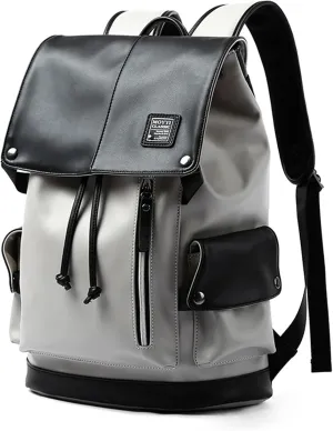 Leather Laptop Backpack for Men Vintage Backpack Fits 15.6" Laptop Waterproof Drawstring Backpack for Travel Daily Business White