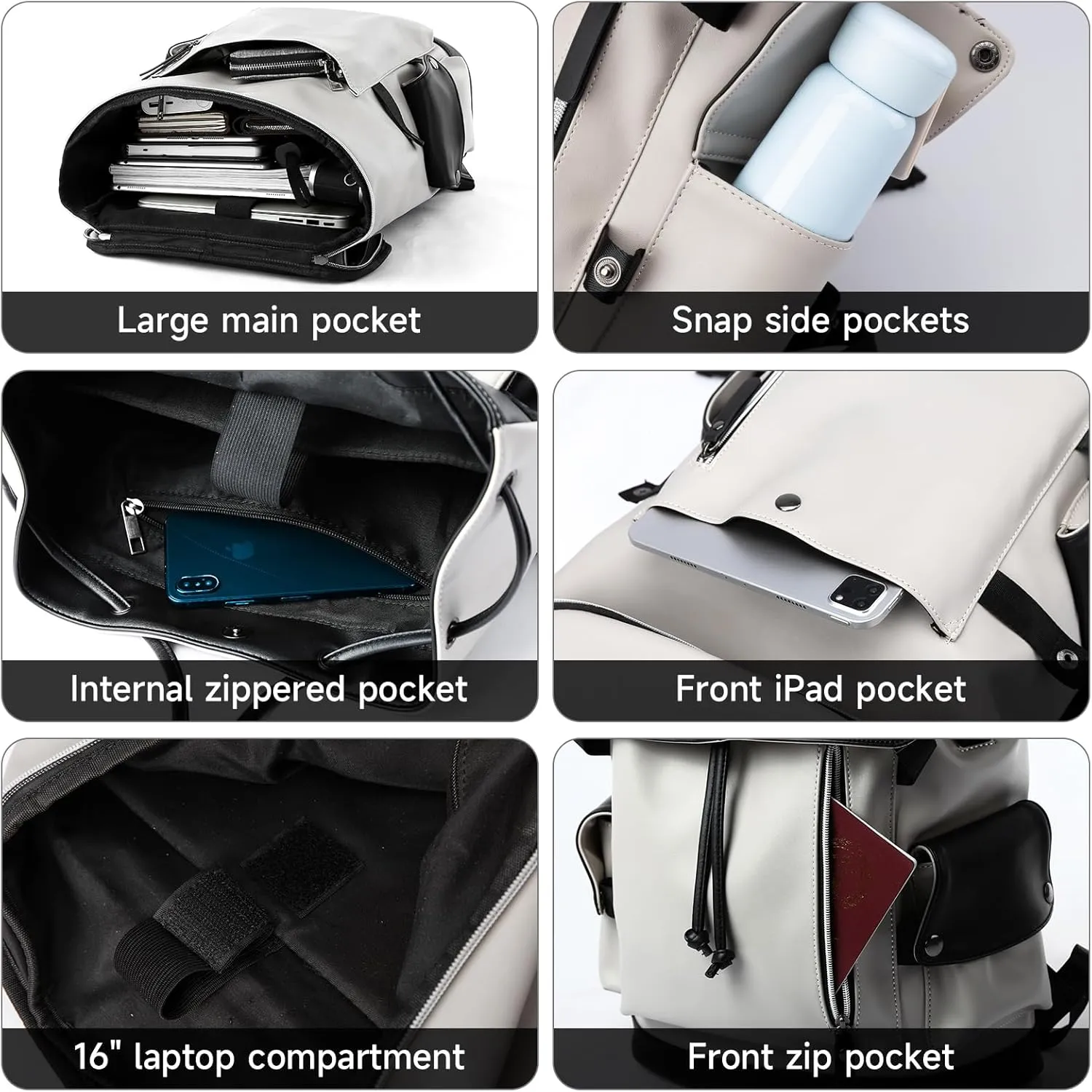 Leather Laptop Backpack for Men Vintage Backpack Fits 15.6" Laptop Waterproof Drawstring Backpack for Travel Daily Business White