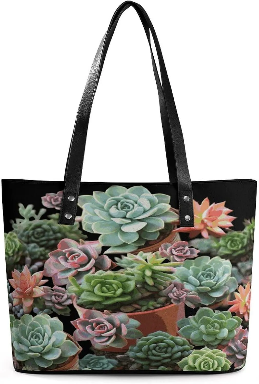 Leather Tote Bag Elegance Succulents Printing Leather Handbag Durable Shopping Bag For Work Travel Casual Use