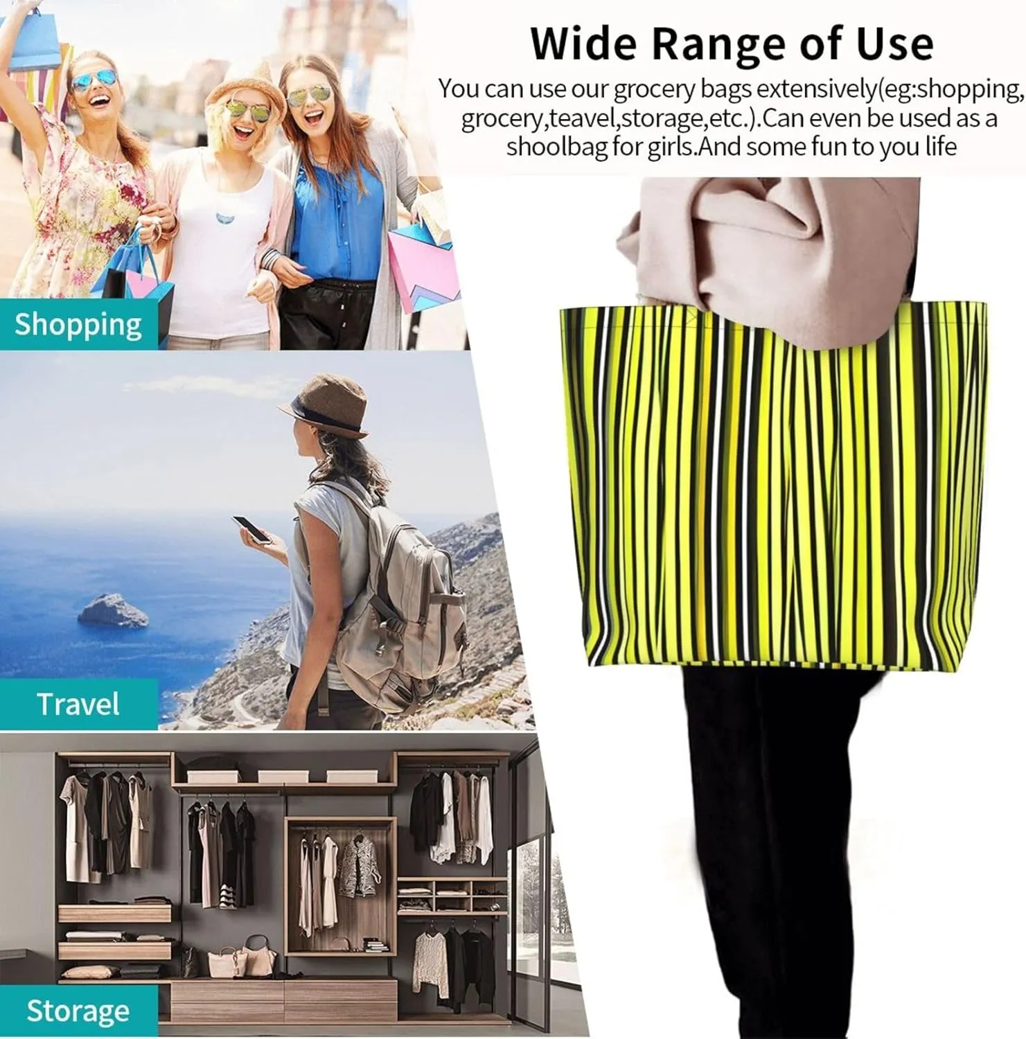 Lemon Zest Yellow Stripes Women Tote Bag,Casual Tote'S Handbag Big Capacity Shoulder Bag Crossbody Bag