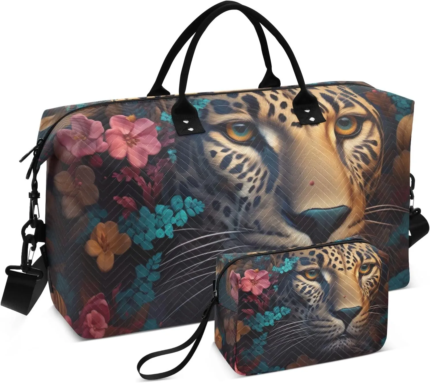 Leopard with Flowers Duffel Bags Traveling Duffle Bag for Women with Toiletry Bag Womens Gym Bag Small Weekender Bags for Women