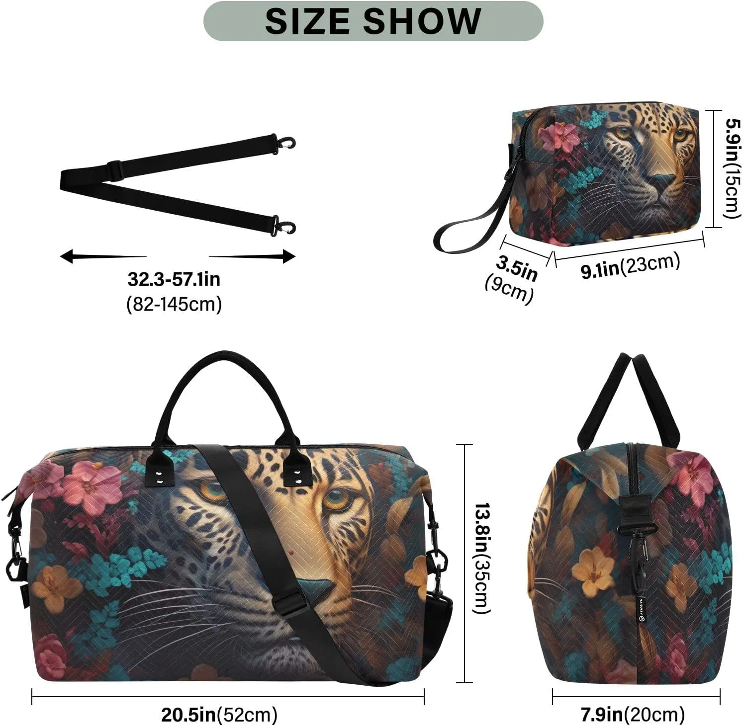 Leopard with Flowers Duffel Bags Traveling Duffle Bag for Women with Toiletry Bag Womens Gym Bag Small Weekender Bags for Women