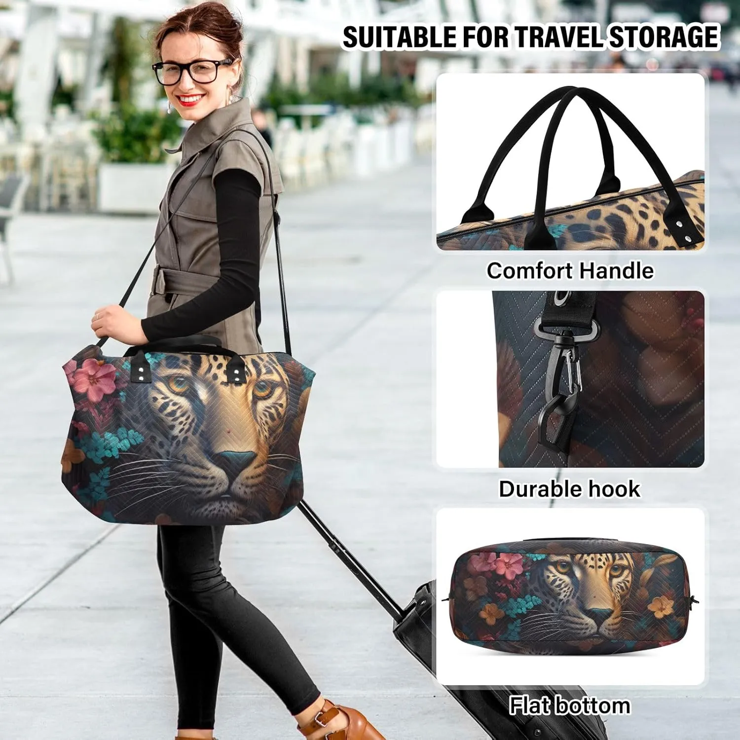 Leopard with Flowers Duffel Bags Traveling Duffle Bag for Women with Toiletry Bag Womens Gym Bag Small Weekender Bags for Women