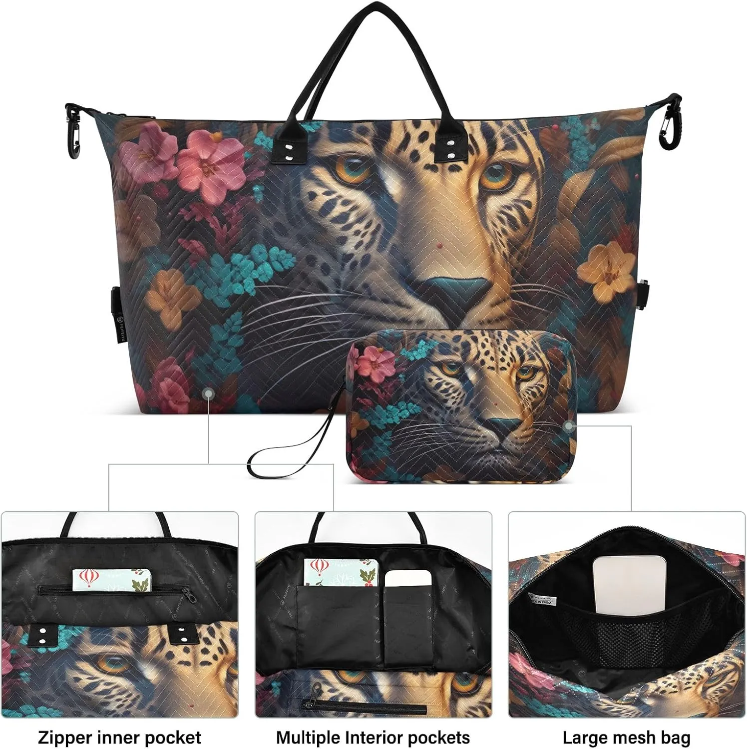 Leopard with Flowers Duffel Bags Traveling Duffle Bag for Women with Toiletry Bag Womens Gym Bag Small Weekender Bags for Women