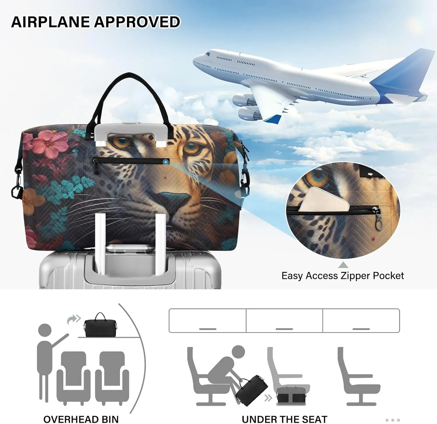 Leopard with Flowers Duffel Bags Traveling Duffle Bag for Women with Toiletry Bag Womens Gym Bag Small Weekender Bags for Women