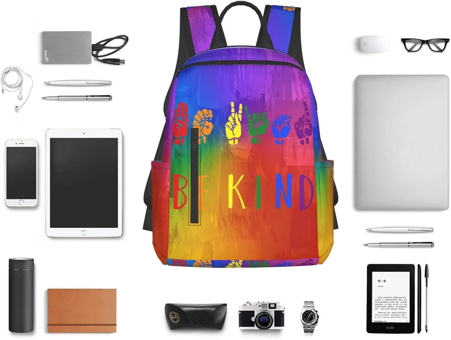 LGBT Rainbow Gay Pride Be kind Travel Laptop Backpack Casual Backpacks Double Shoulder Daypack Notebook Rucksack Work Bags Sports Bag for Hiking Camping Beach