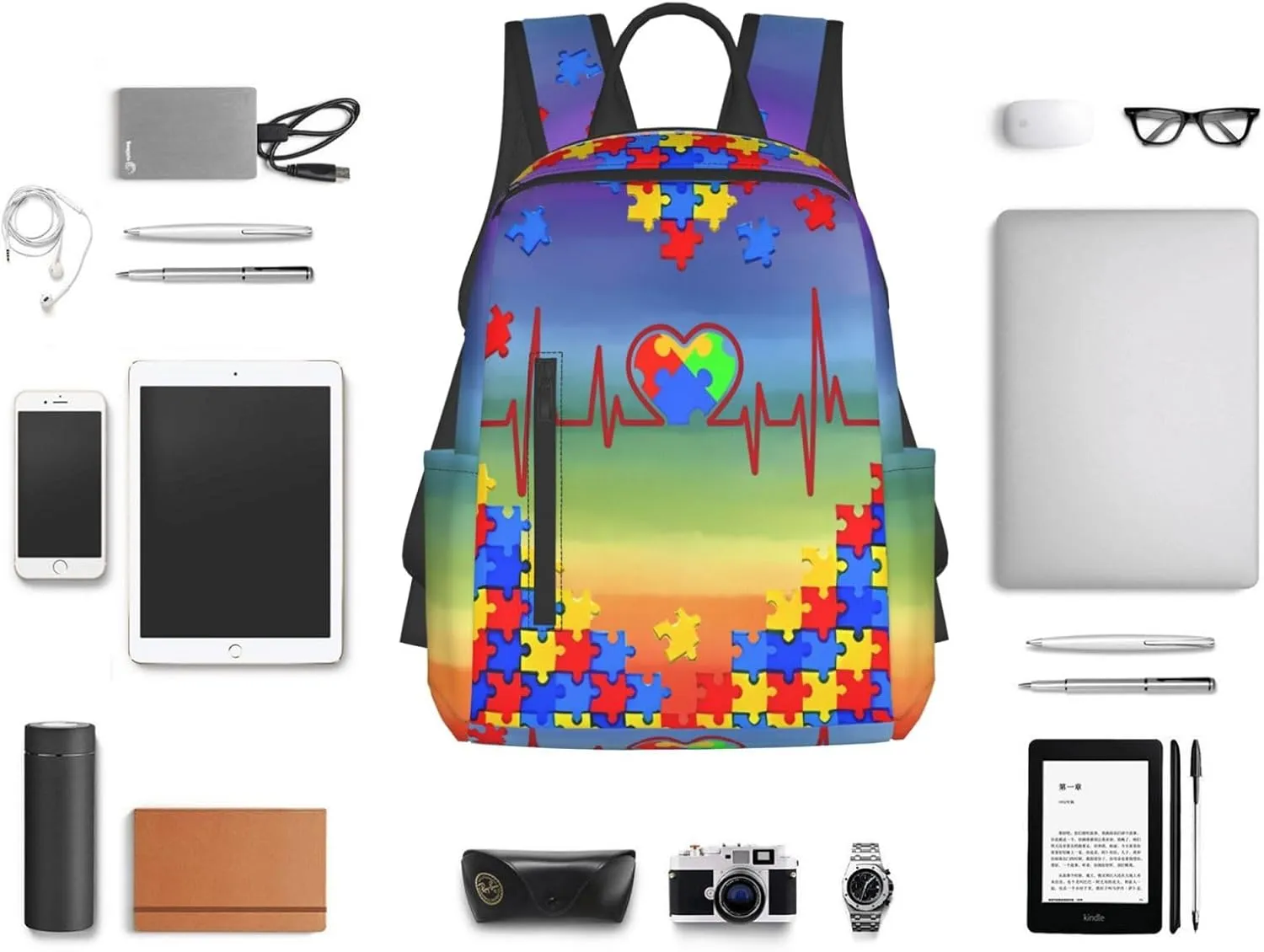 LGBT Rainbow Gay Pride Hearts Beats Puzzle Pieces Travel Laptop Backpack Casual Backpacks Double Shoulder Daypack Notebook Rucksack Work Bags Sports Bag for Gym Hiking Camping Beach