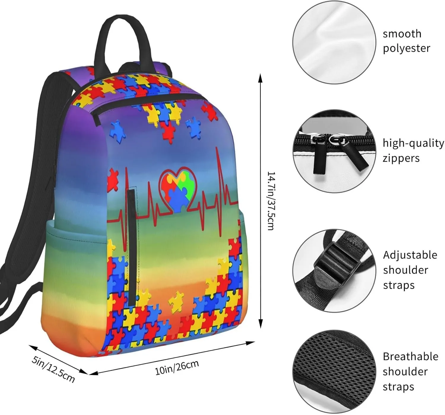 LGBT Rainbow Gay Pride Hearts Beats Puzzle Pieces Travel Laptop Backpack Casual Backpacks Double Shoulder Daypack Notebook Rucksack Work Bags Sports Bag for Gym Hiking Camping Beach