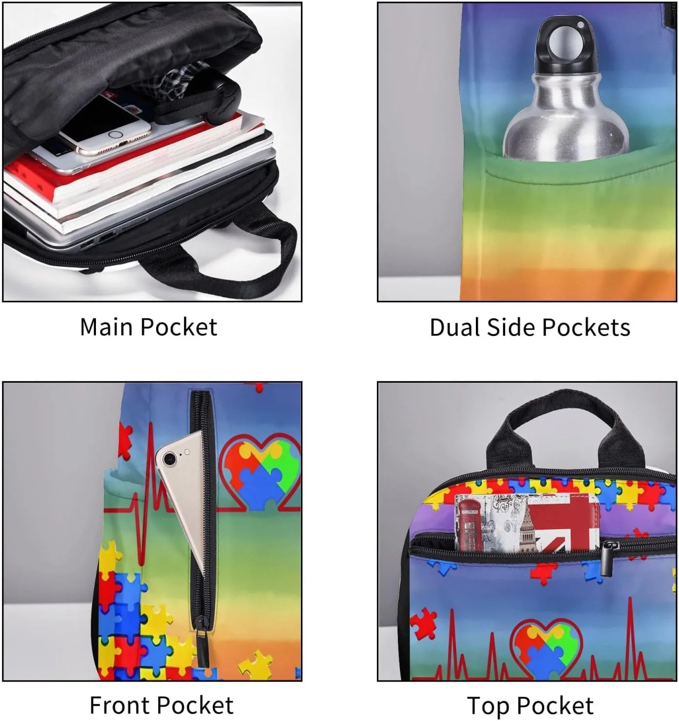 LGBT Rainbow Gay Pride Hearts Beats Puzzle Pieces Travel Laptop Backpack Casual Backpacks Double Shoulder Daypack Notebook Rucksack Work Bags Sports Bag for Gym Hiking Camping Beach