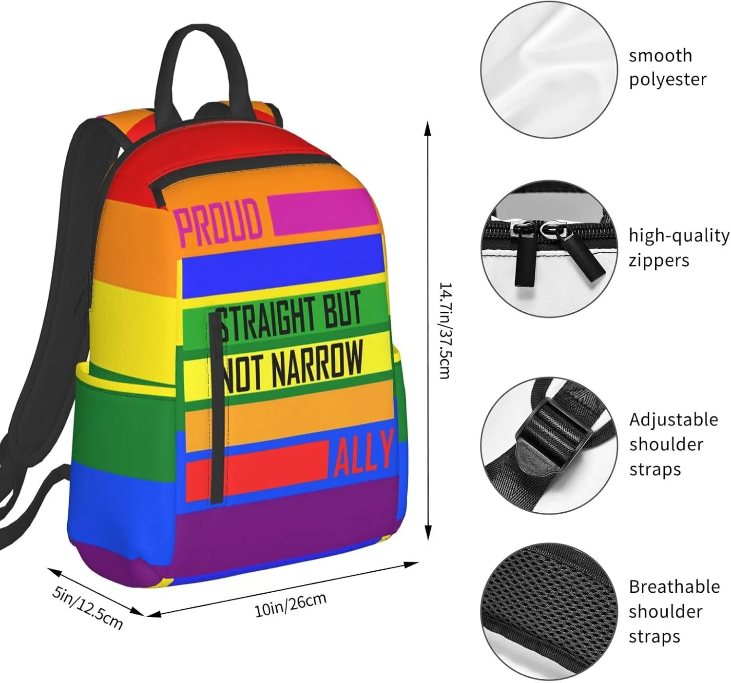 LGBT Rainbow Pride Straight But Not Narrow Ally Travel Laptop Backpack Casual Backpacks Double Shoulder Daypack Notebook Rucksack Work Bags Sports Bag for Hiking Camping Beach