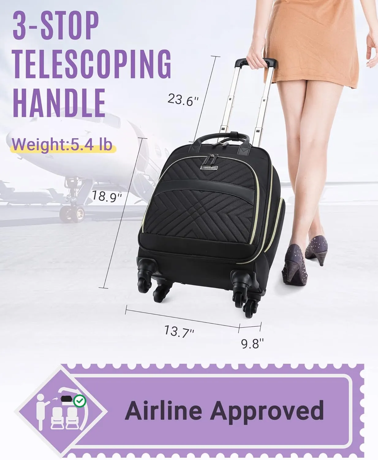 LIGHT FLIGHT Rolling Laptop Bag Rolling Briefcase for Women Computer Bag with Wheels Case for Carry on Travel Work Business