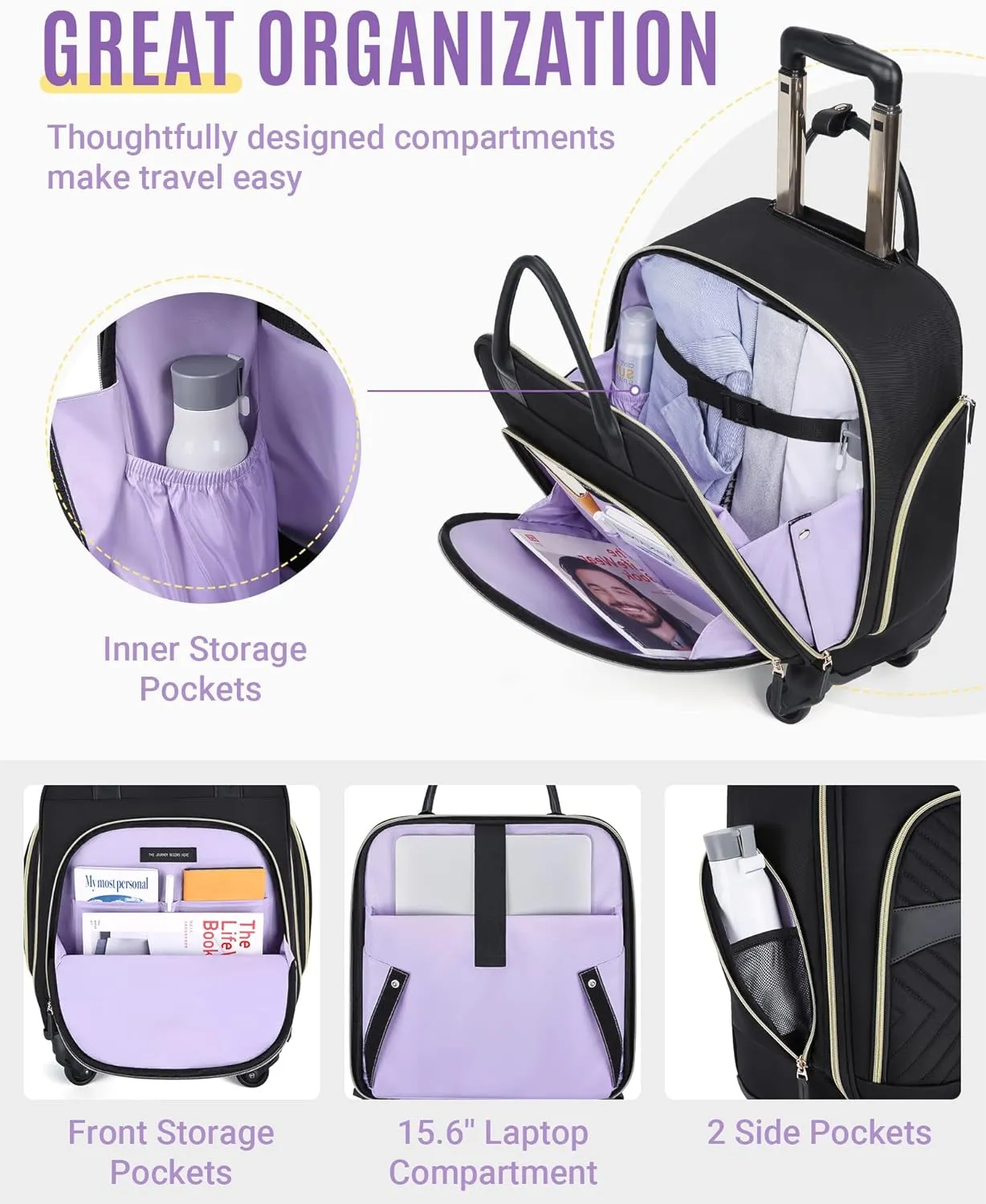 LIGHT FLIGHT Rolling Laptop Bag Rolling Briefcase for Women Computer Bag with Wheels Case for Carry on Travel Work Business