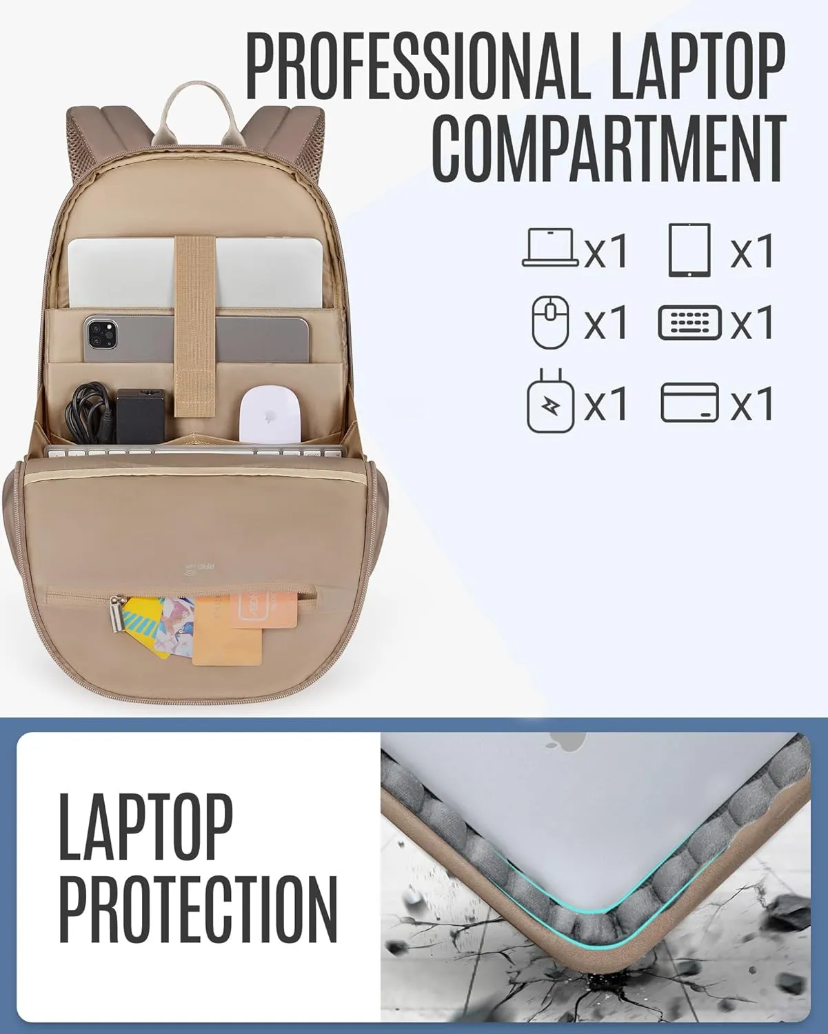 LIGHT FLIGHT Travel Laptop Backpack Women, 15.6 Inch Laptop Backpack with USB Charging Hole, Water Resistant College Bookbag, Black Computer Backpacks for Work, Champagne