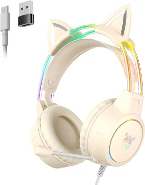 Lightweight Gaming Headset with Microphone, Cat Ear Headphones, Rainbow RGB LED Light, Surround Sound, Compatible with PC/Laptop/Tablet/iPhone,Wired USB Over Ear Headphones for Girls Women