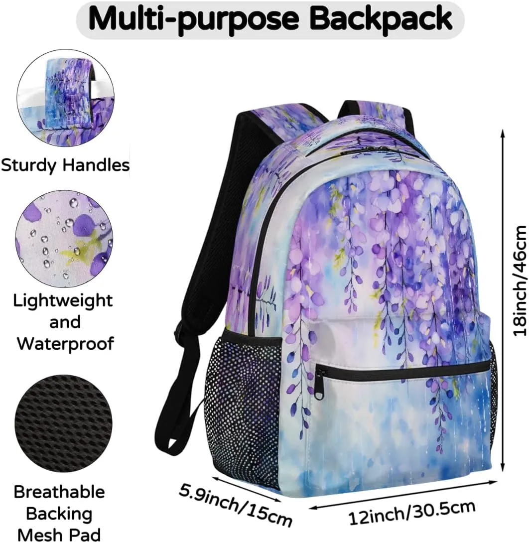 Lightweight Travel Backpack, Abstract Purple Flower Large Capacity Bookbag, Waterproof Travel Bag Casual Daypack for Men Women Adults